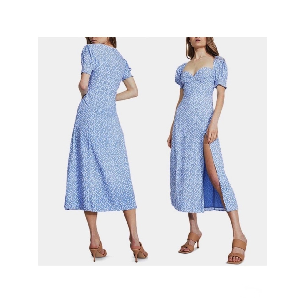 Bardot Blue Daisy Floral Sweetheart Midi Dress Puff Sleeve Slit Medium